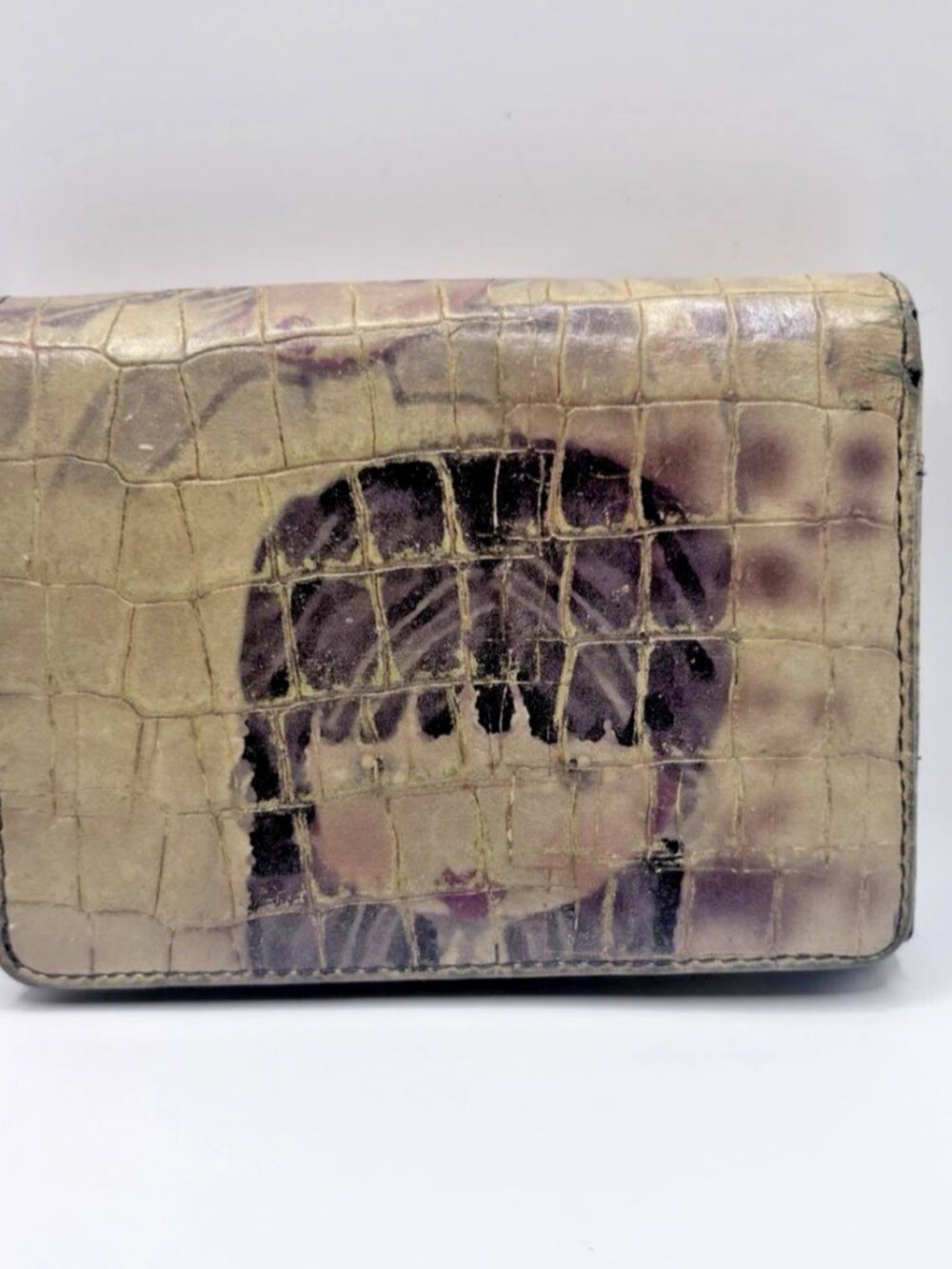 Lodis tri-fold croc embossed  leather wallet with a girl's face on the front